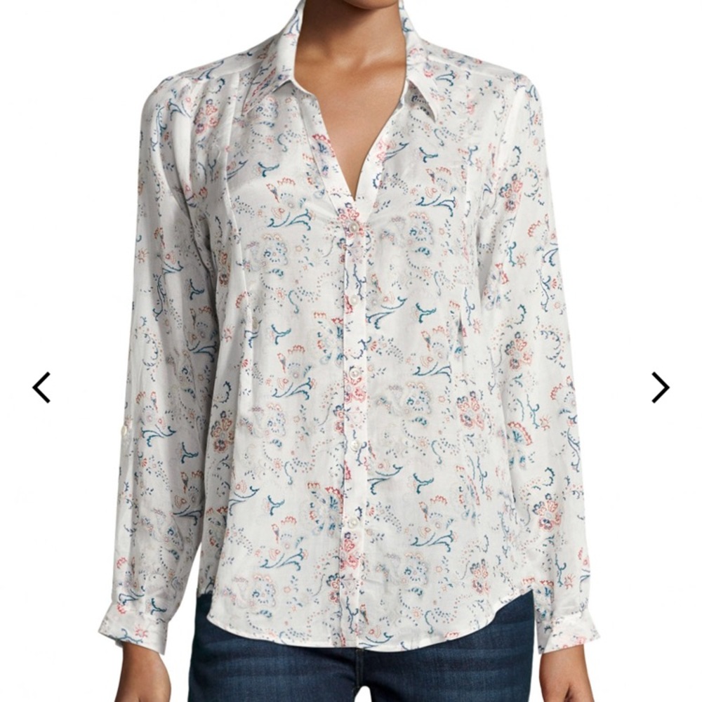 Joie Katrine Button Down Blouse Medium White with Blue Paisley Print